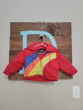 Vintage 70s Red Hooded Puffer Jacket with Rainbow Diagonal Stripes Unisex 2T